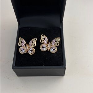 New Saks Fifth Avenue Pink Gem and Crystal Butterfly Stud Earrings